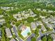 A high-angle aerial shows a well-designed community with a pool, mature trees, and neatly arranged residences at 4703 Kings Garden Rd, Raleigh, NC 27612