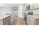 Modern kitchen with stainless steel appliances, granite countertops, and sleek white cabinetry at 505 Lochalsh Dr, Gibsonville, NC 27249