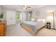 Neutrally decorated bedroom with a ceiling fan, two windows, and double door closet at 5312 Hallmark Rd, Durham, NC 27712
