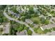 Aerial view of a quiet neighborhood featuring a mix of homes, mature trees, and green spaces at 831 S White St, Wake Forest, NC 27587