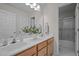 Bathroom with dual sinks, wood cabinets, a large mirror, and a separate shower and toilet room at 11 Smoketree Ct, Durham, NC 27712
