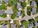 Expansive aerial view of a residential neighborhood with well-manicured lawns and mature trees at 11916 Deneb Ct, Raleigh, NC 27614