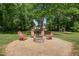 Relax by the fire pit in this home's backyard, surrounded by mature trees and cozy seating at 1274 Candlewood Dr, Elon, NC 27244