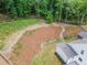 Aerial view of backyard landscaping with a stone path, wood retaining wall and an area prepared for planting at 1344 Legend Oaks Drive Dr, Chapel Hill, NC 27517