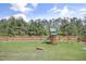 Landscaped backyard with lush green grass, playground, and privacy fence at 155 Annabelle Branch Ln, Apex, NC 27523