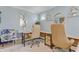 Stylish home office with custom desk, two chairs, and ample natural light at 155 Annabelle Branch Ln, Apex, NC 27523
