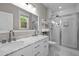 Modern bathroom with dual sinks, marble countertops, and a glass-enclosed shower for a spa-like experience at 2003 Wa Wa Ave, Durham, NC 27707