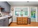 Open kitchen with an island, gray cabinetry, and stainless steel appliances at 204 Random Ln, Burlington, NC 27215