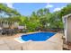 Beautiful backyard featuring an in-ground pool, patio furniture, and mature trees for shade at 204 Random Ln, Burlington, NC 27215