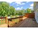 Spacious wooden deck with a view of a swimming pool and lush greenery at 2303 Upper Oaks Way, Raleigh, NC 27615