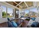Relaxing covered patio with a fireplace, ceiling fan, and comfortable seating with neighborhood view at 2527 Sidewinder Ct, Apex, NC 27523