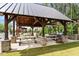 Spacious picnic pavilion with seating, a grill, and stone accents offers a great outdoor space at 2527 Sidewinder Ct, Apex, NC 27523