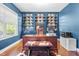 Beautiful office with blue walls, built-in shelves, hardwood floors, and a large window for natural light at 311 Ocean Dr, Clayton, NC 27520