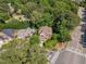 Aerial shot showcasing a beautiful brick home surrounded by mature trees in a quiet neighborhood at 5600 Bennettwood Ct, Raleigh, NC 27612
