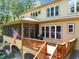 Deck view features an American flag, seating, and steps to the lawn at 901 Edgewater Dr, Garner, NC 27529