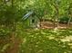 Backyard shed set amongst the trees offers a tranquil retreat on a grass covered lot at 967 Bynum Rd, Pittsboro, NC 27312