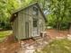 Charming backyard shed with board siding and a traditional door at 967 Bynum Rd, Pittsboro, NC 27312
