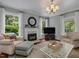 Spacious living room with hardwood floors, fireplace, and light-filled windows at 967 Bynum Rd, Pittsboro, NC 27312