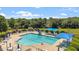 Aerial view of a pool with blue umbrellas and lounge chairs for community residents at 1608 Hayesville Dr, Fuquay Varina, NC 27526