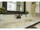 Elegant bathroom sink with granite countertop, dark faucet, and decorative plants at 199 Courtney Ln, Dunn, NC 28334