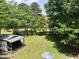 Lush backyard with a shed, surrounded by mature trees, offering a private outdoor retreat at 209 E Winston St, Youngsville, NC 27596