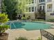 Community swimming pool surrounded by a manicured garden and patio area at 2701 Glenwood Gardens Ln, Raleigh, NC 27608