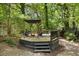 Inviting outdoor deck featuring a pergola, comfortable seating and a cozy fire pit in a serene wooded setting at 2904 Sprucewood Dr, Durham, NC 27707