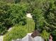 Aerial view of large lot with lush lawn, mature trees, and circular driveway at 3203 Rugby Rd, Durham, NC 27707