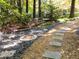 Stone and mulch pathway with landscaping, bench, and lighting in the backyard at 3203 Rugby Rd, Durham, NC 27707