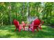 Cozy backyard seating area with red chairs and lush greenery at 3420 Sheridan Dr, Durham, NC 27707