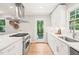 Modern kitchen featuring stainless steel appliances, white cabinetry, and backyard views at 3420 Sheridan Dr, Durham, NC 27707