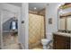Bathroom with unique decor, a shower curtain, and stylish vanity at 3636-A Holly Grove Rd, Dunn, NC 28334