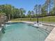 Backyard pool area includes fountains, lounge chairs and verdant green space at 4001 Campbell Rd, Raleigh, NC 27606