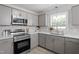 Well-lit kitchen featuring new stainless steel appliances and gray cabinets with white backsplash at 7824 Knightdale Blvd, Knightdale, NC 27545
