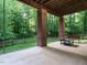 View of covered patio with brick pillars, concrete floor, bench and table overlooking the landscaped backyard with trees at 816 Roanoke Dr, Cary, NC 27513