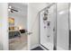 Bathroom featuring a glass enclosed shower with modern fixtures, adjacent to the bedroom at 820 Laurel Gate Dr, Wake Forest, NC 27587