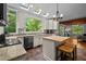 Bright kitchen with skylights, granite countertops, white cabinets, and large window overlooking the trees at 9625 Collins Creek Dr, Chapel Hill, NC 27516