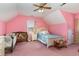 Charming bedroom features pink walls, blue bedding, and a window with curtains at 123 Sanders Road Rd, Benson, NC 27504
