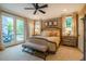 Comfortable bedroom features a ceiling fan, bedside tables, and glass doors to the outdoor pool at 403 Granville Rd, Chapel Hill, NC 27514