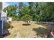 Fenced backyard featuring a small storage shed and mature trees at 4309 Birmingham Way, Raleigh, NC 27604