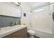 Well-lit bathroom featuring modern vanity with grey tile backsplash and shower over tub at 510 N Waters Edge Dr, Durham, NC 27703
