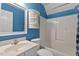 Cozy bathroom with blue walls, a vanity with sink, and a combined tub and shower at 524 Preston Andrews Rd, Bahama, NC 27503