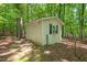 The exterior of the storage shed reveals simple detailing within a wooded yard at 524 Preston Andrews Rd, Bahama, NC 27503