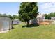An expansive backyard features a back deck, a shed, a grassy yard, and mature shade trees at 55 Ayden Dr, Clayton, NC 27520