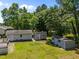 Aerial view showcasing multiple storage sheds within a well-maintained, grassy backyard, perfect for organization at 609 Chivalry Dr, Durham, NC 27703