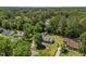 Expansive aerial view of the property with mature trees and lush landscaping surrounding the charming home at 609 Chivalry Dr, Durham, NC 27703
