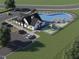 Aerial view of a community clubhouse, pool, playground, and parking lot at 701 Deschutes Dr, Garner, NC 27529
