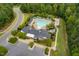 Aerial view of community clubhouse, pool, and parking lot, showcasing amenities and convenient access for residents at 108 Boone St, Chapel Hill, NC 27516