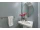 Stylish powder room with a pedestal sink, oval mirror, and light blue walls at 1211 Brown Velvet Ln, Apex, NC 27523
