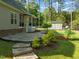 This backyard features a well manicured lawn and garden beds at 128 Madison Ct, Siler City, NC 27344